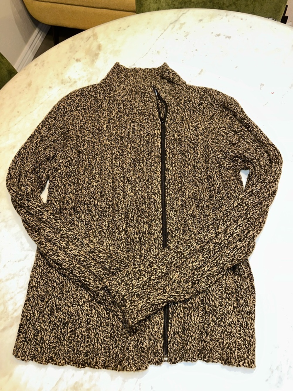 dressbarn Marled Zip-Up Knit Sweater - Black & tan size Large